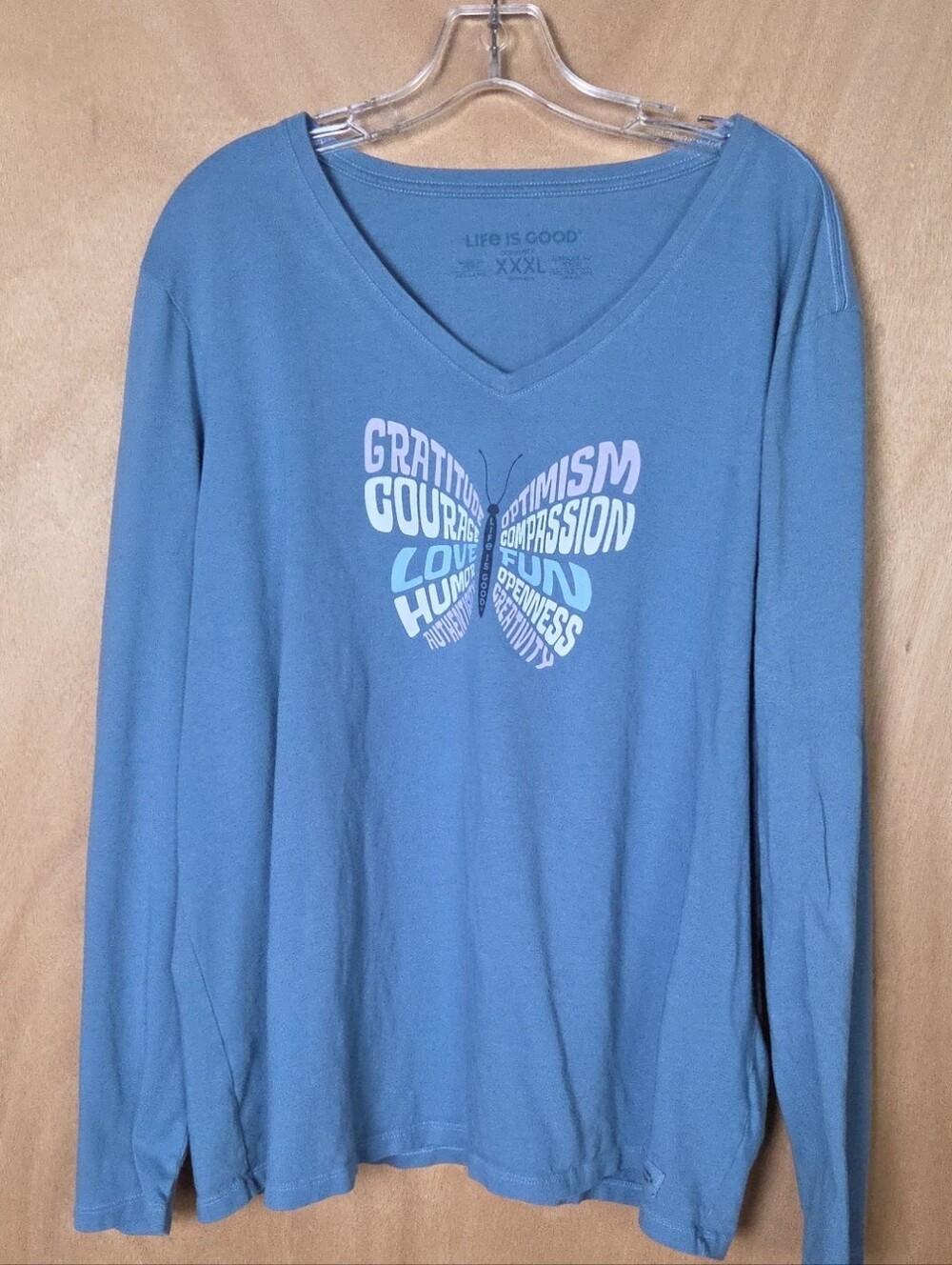 Life Is Good Blue V-Neck Long Sleeve Tee with Butterfly Word Art